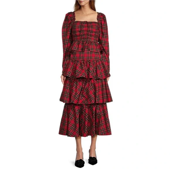 NWT Antonio Melani Elvira Plaid Tie Square Neck Long Puffed Sleeve Blouse Sz 6 - Picture 3 of 11